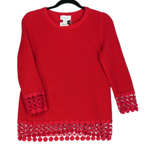 Peck and Peck Red Ribbed Knit Sweater Women Size S Lace Hem and Cuffs